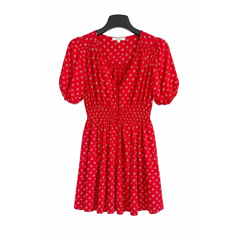 Madewell Dress XS Red Floral Button Front Mini Dress Puff Sleeve Smocked Waist